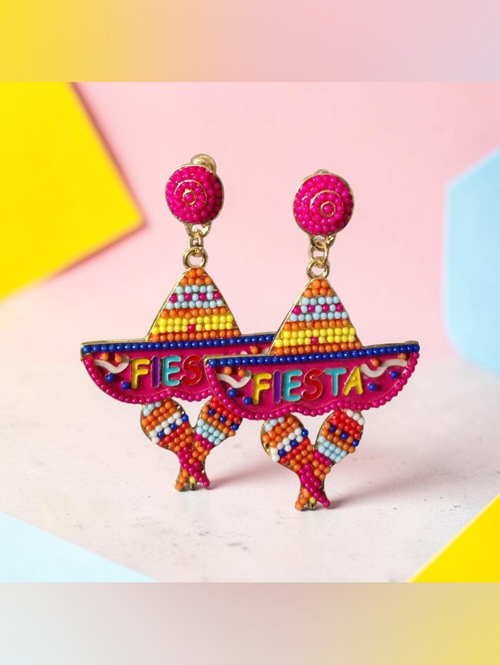 Fiesta Beaded Sombrero Drop Earrings - Bright Pink - Picture 2 of 2